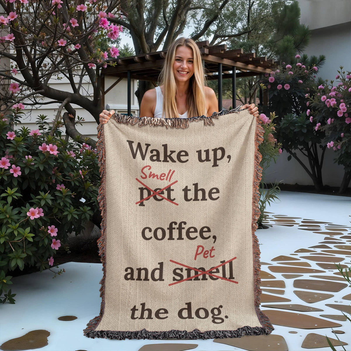 Wake Up, Pet the Coffee Funny Dog Woven Blanket
