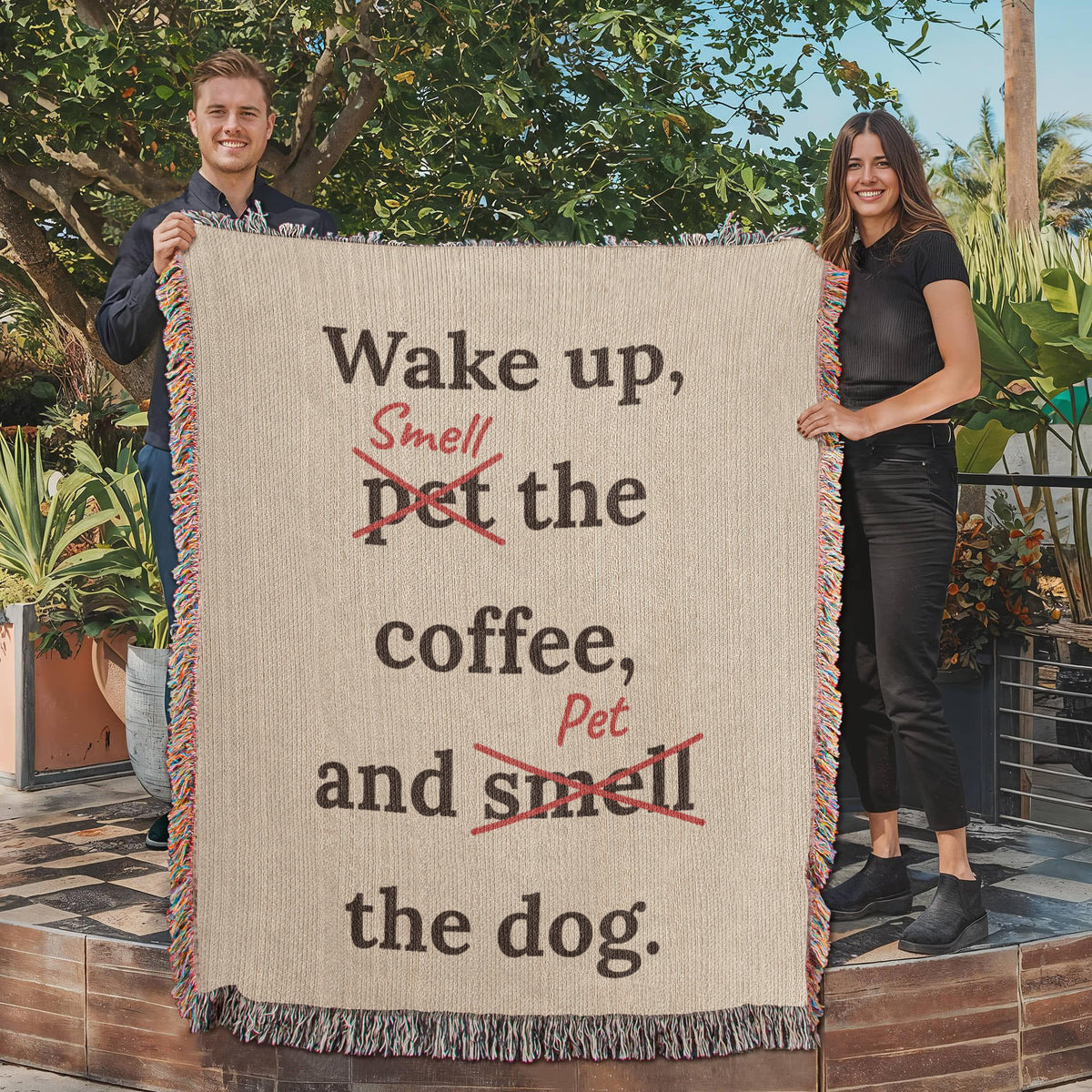 Wake Up, Pet the Coffee Funny Dog Woven Blanket