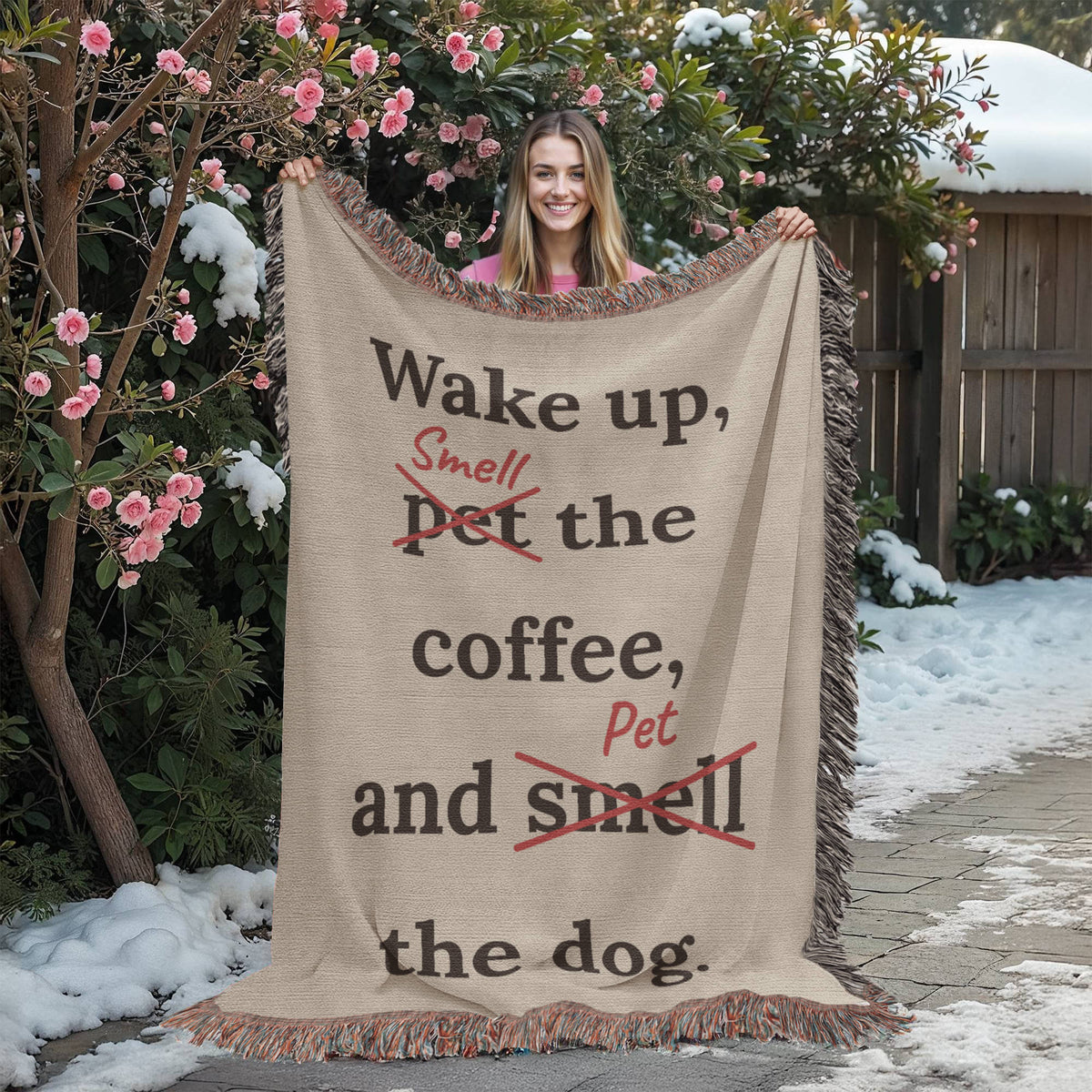 Wake Up, Pet the Coffee Funny Dog Woven Blanket